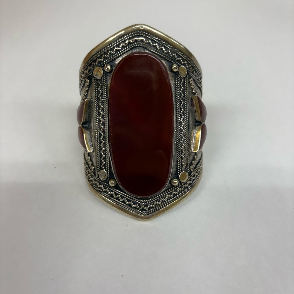 Bold Red Stone Artisan-Style Cuff Bracelet with Mixed Metal Details